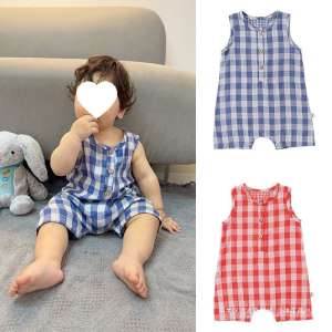 Infant And Toddler Summer Sleeveless Romper Suit For Men And Women Baby Cotton Loose Jumpsuit Plaid Short Romper