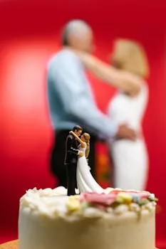 Wedding cake with romantic toppers, blurred couple in warm embrace, celebrating an anniversary indoors.